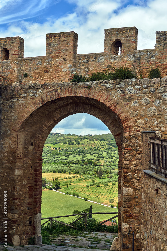 Medieval defensive wall with a gate and rural landscape with olive crops in Tuscany