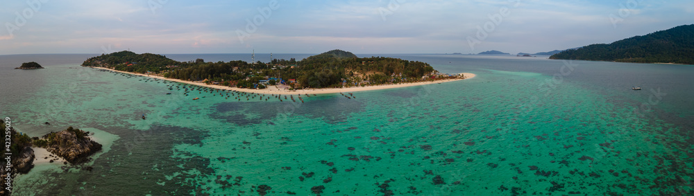 aerial bird eye panorama view of Lipe islands and part of Adang islands, Satun, Thailand, peaceful landscape sea, green-blue ocean, green mountain, travel and relax place, drone high angle top view