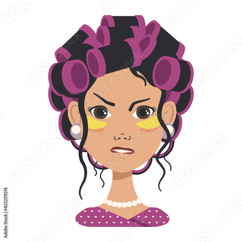 Avatars with different emotions. Girl with pink curlers and yellow patches. Fashion avatar in flat vector art