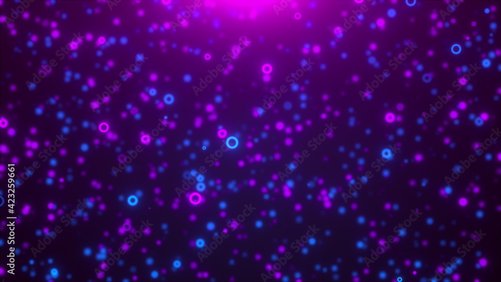 Flickering microscopic circles smoothly scattering in space. Aftermath of supernova 3d render explosion with stardust floating in space. Futuristic molecules in digital festive blur.