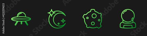 Set line Asteroid, UFO flying spaceship, Moon and stars and Astronaut helmet. Gradient color icons. Vector