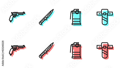 Set line Hand smoke grenade, Revolver gun, Military knife and Knife holster icon. Vector