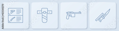 Set line Weapon catalog, Mauser gun, Knife holster and Bayonet rifle. White square button. Vector
