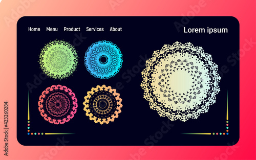 Flat landing web page Template, Perfect for printing on fabric or paper, Set of Ornament round mandalas, Vector illustration. EPS 10