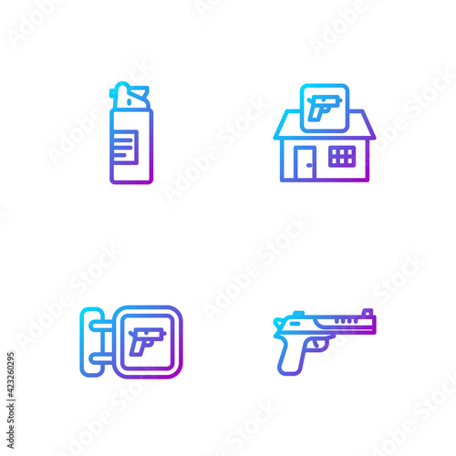 Set line Desert eagle gun, Hunting shop weapon, Weapons oil bottle and . Gradient color icons. Vector
