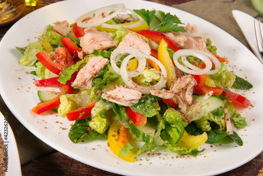 Gemischter Salat mit Thunfisch und Leinsamen - Omega 3 Brot Gemischter Salat mit Thunfisch und Leinsamen - Omega 3 Brot
