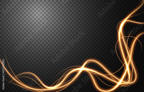 Abstract light speed motion effect, gold light trail. Vector Illustration