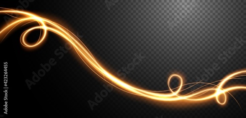 Abstract light speed motion effect, gold light trail. Vector Illustration