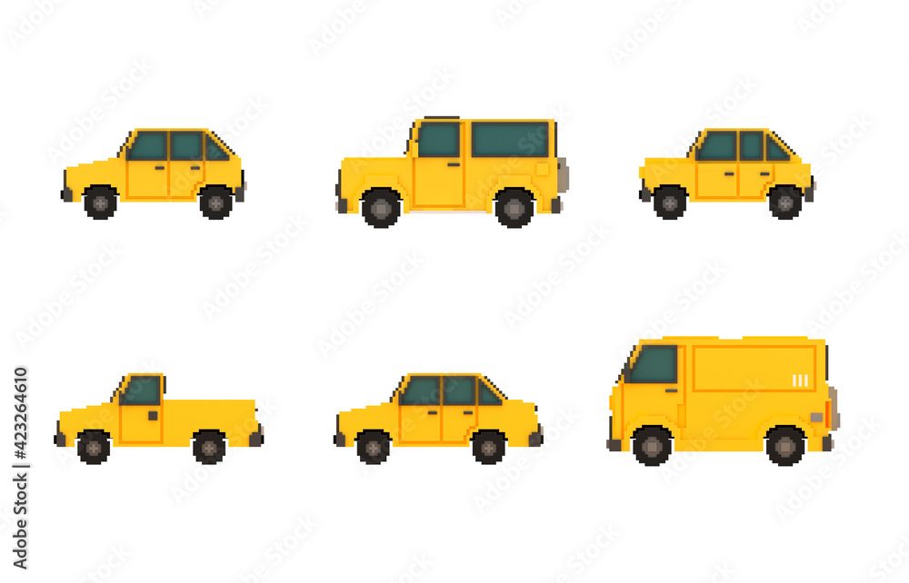 Fototapeta premium 3d representation voxel art illustration of isometric vehicles, being car, jeep, van, pickup. They are simple models reminiscent of a lot of pixel art