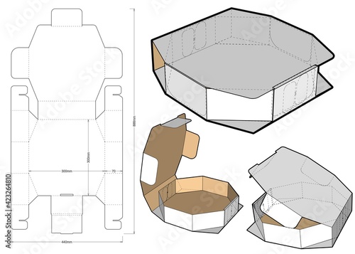 Self Assembling Octagonal Box and Die-cut Pattern. Flute Type E. The .eps file is full scale and fully functional. Prepared for real cardboard production.