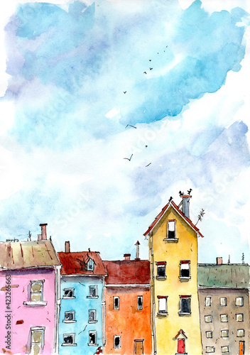 Photography Colorful watercolor illustration of a Venecian street with funny houses made in