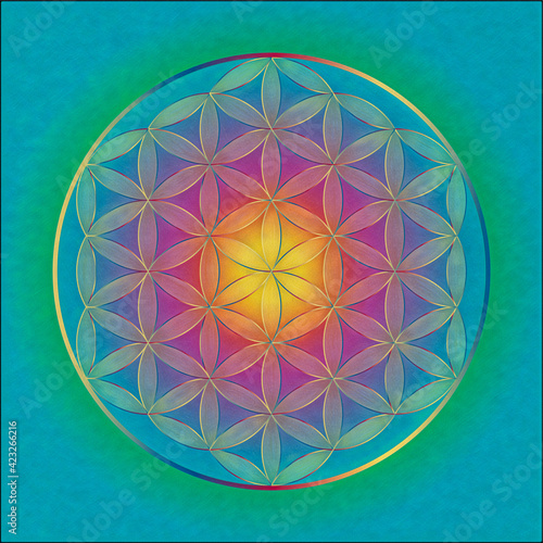 Flower of Life Rainbow Colors With Gradients Background. Sacred Geometry Symbol. 