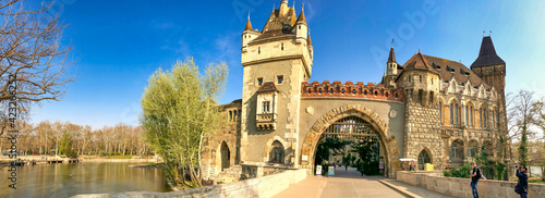 BUDAPEST - APRIL 2, 2019: Entrance door of famous Vajdahunyad Vara Castle