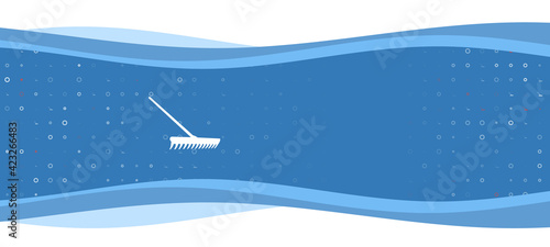 Blue wavy banner with a white rake symbol on the left. On the background there are small white shapes, some are highlighted in red. There is an empty space for text on the right side