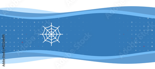 Blue wavy banner with a white spider web symbol on the left. On the background there are small white shapes, some are highlighted in red. There is an empty space for text on the right side