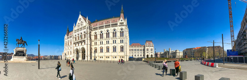 BUDAPEST, HUNGARY - MARCH 31, 2019: Hungarian Parliament at daytime. Budapest. One of the most beautiful buildings in the city