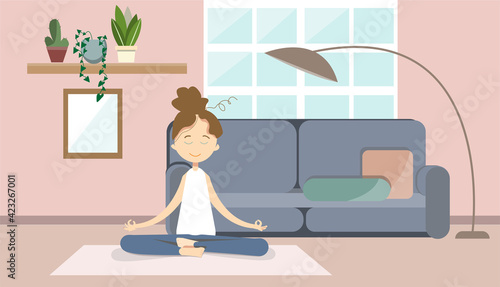 Pretty girl take yoga at home. Cartoon vector illustration. Flat interior livingroom. Meditation. Healthy lifestyle