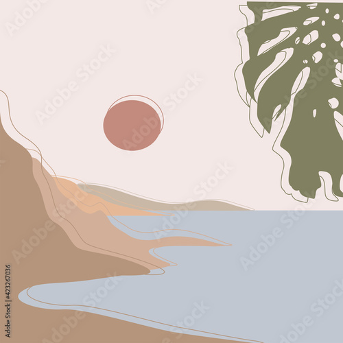 Vector digital illustration of sunset in mountains. Mountains and tropic landscape. Modern flat illustration poster in pastel colors. Nature. 