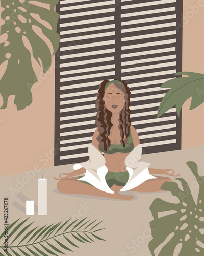 Young woman meditate. Vector digital illustration relax curly woman in flat style in pastel colors. Bali concept. The girl is sitting in the Lotus position.