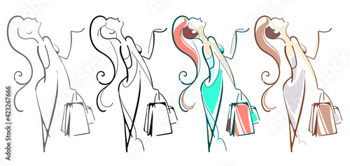 Silhouette of a woman shopping. Stylized line. Shopping trip. The girl walks.