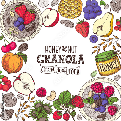 Granola illustration. Oat flakes , berries, fruits and nuts. Breakfast top view frame. Morning food menu design. Hand drawn vector illustration.