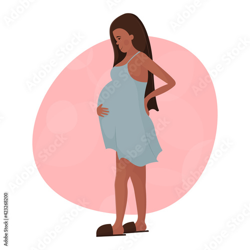 Beautiful young black pregnant woman stands sideways holding her back and big belly. Happy pregnancy, childbirth and motherhood. Cute girl smiles and rejoices. Flat illustration for site banner
