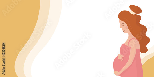 Banner design concept for perinatal center, maternity hospital, medical center for motherhood and family planning. Young beautiful red-haired pregnant white woman stands holding her big belly