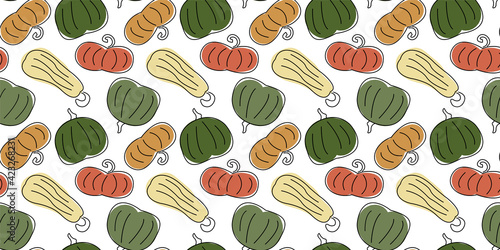 Funny festive autumn seamless pattern with pumpkins of different shapes and colors. Cool print for greeting cards, posters and banner ads for Thanksgiving. Stylish ornament for fashionable clothes