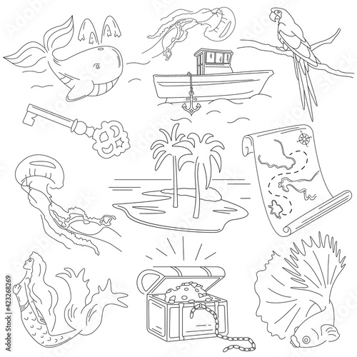 Beautiful linear icons about sea adventures. Black and white illustration for sketchbooks, children's coloring pages. Sketches and cliparts with sea and tropical animals. Large summer set of objects.