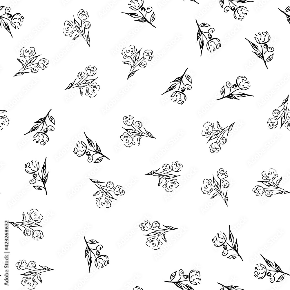 Doodle simple vector seamless pattern of hand-drawn peonies. Seamless random pattern of hand-drawn peonies. Isolated on white background. Doodle simple vector seamless pattern of hand-drawn peonies. Seamless random pattern of hand-drawn peonies. Isolated on white background.
