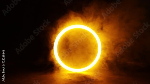 Sci Fi modern. Futuristic smoke. Neon color geometric circle on a dark background. Round mystical portal.