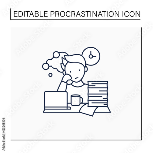 Work procrastinating line icon.Unnecessarily postpone dealing work-related tasks. Tired person.Overload concept. Isolated vector illustration.Editable stroke