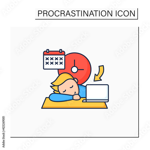 Crisis marker procrastinator color icon.Laziness. Defer Task. Sleep at workplace. Working on stressful situation.Procrastination concept. Isolated vector illustration