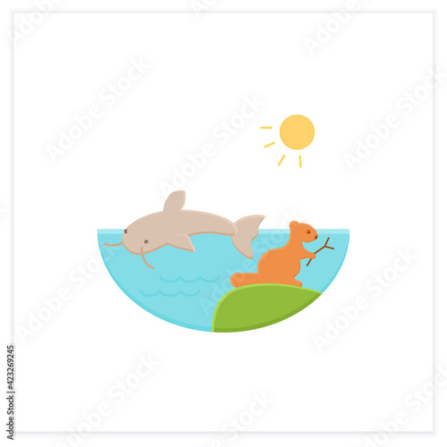 Freshwater flat icon. Water except seawater and brackish water. Living place for fish, crawfish, beaver. Riverscape. Biodiversity concept. 3d vector illustration