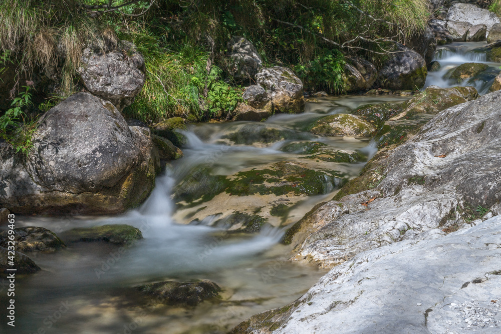 Tiny waterfalls at the Val Vertova torrent Lombardy near Bergamo in Italy Tiny waterfalls at the Val Vertova torrent Lombardy near Bergamo in Italy