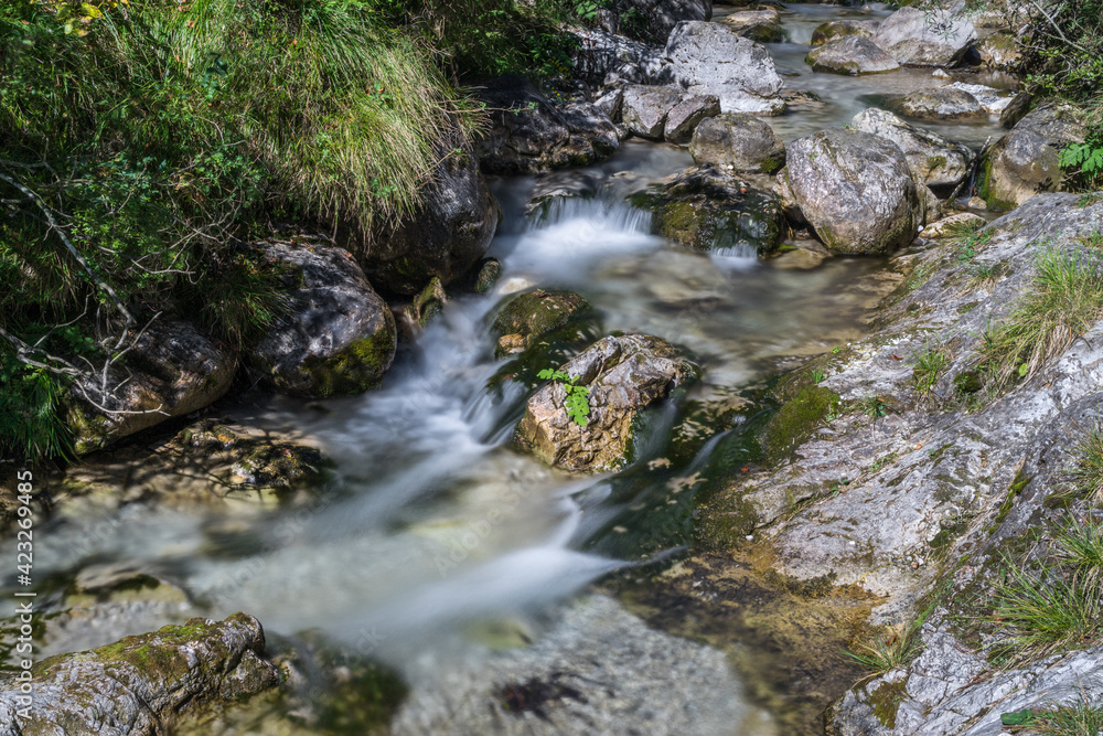 Tiny waterfalls at the Val Vertova torrent Lombardy near Bergamo in Italy