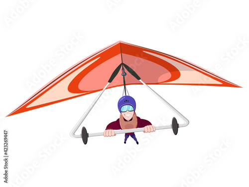 Cheerful hang gliding tandem flying in sky. Extreme Outdoors Sport Activity, Sky Diving Sportsman Flying Paraplane Cartoon Flat Vector Illustration