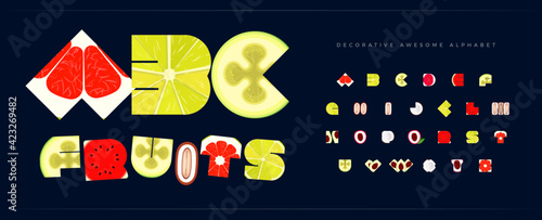 Fresh fruit font for logo tropical fruity. Alphabet for restaurant and cafe, menu letters set. Decorative typography healthy food and juice vitamin. Summer typographic design.