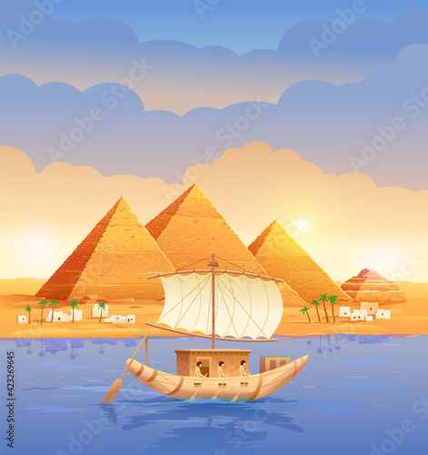 Pyramids of Egypt. Egyptian pyramids in the evening on the river. Pyramid of Cheops in Cairo, in Giza. A boat sailing past the pyramids. Vector illustration