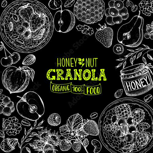 Granola ingredients illustration. Oat flakes , berries, fruits and nuts hand drawn sketch. Breakfast top view frame. Morning food menu design. Hand drawn vector illustration.