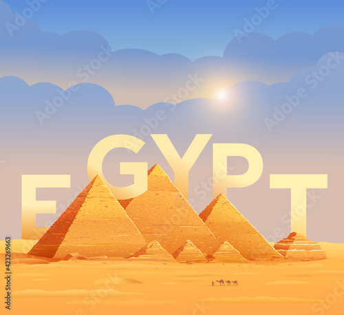 Pyramids of Egypt. The letters on the background of the Egyptian pyramids. Pyramid of Cheops in Cairo, in Giza. Vector illustration