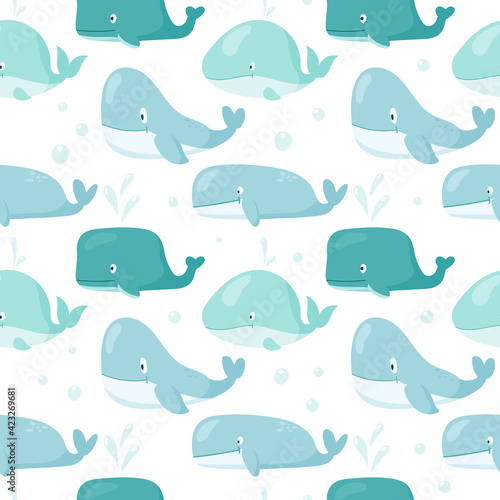 Vector cute cartoon seamless pattern. Funny childish isolated images of whales of different shapes and sizes. Doodle pictures of underwater fauna for background decoration and wrapping paper.