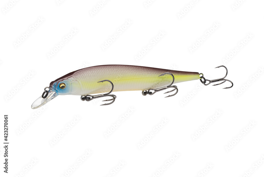 Wobbler with hooks for fishing as bait for fish, which is used for spinning. Fishing tackle for a fisherman. Wobbler with hooks for fishing as bait for fish, which is used for spinning. Fishing tackle for a fisherman.