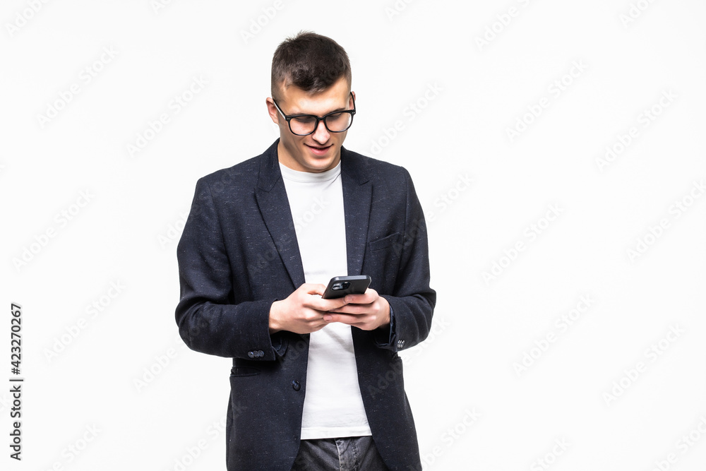 Portrait of business man using phone isolated on white background Portrait of business man using phone isolated on white background