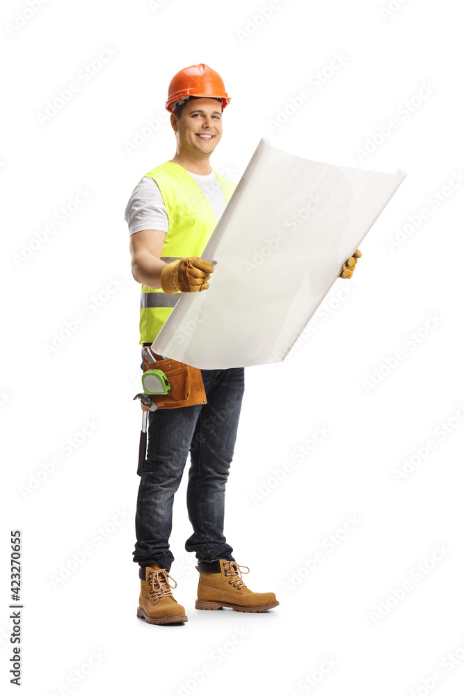 Full length shot of a construction worker holding a blueprint and looking at camera Full length shot of a construction worker holding a blueprint and looking at camera