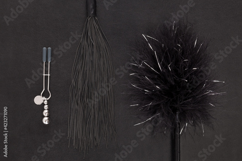 Kinky sex toys, whip, tickler and nipple clamps.