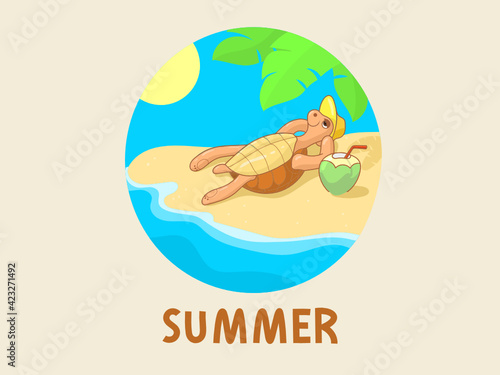 A cute turtle is sunbathing on the beach by the water. Cartoon illustration of a holiday by the sea. Summer lettering and badge with summer pattern.