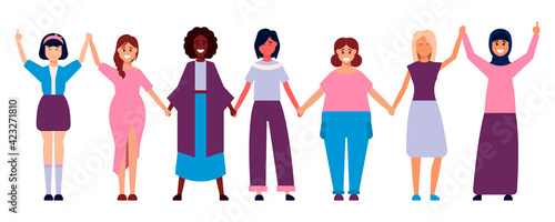 Diverse international and interracial group of standing women. For girls power concept, femininity and feminism ideas, women s empowerment, and role card design