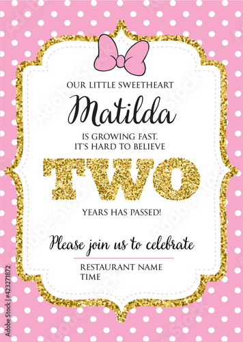 Birthday invitation for girl, two years old party. Printable vector template with pink background with white polka dots, invite with text.