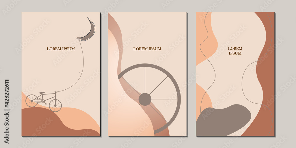 Vintage, elegant, abstract, trendy universal background templates set. Bicycle icon. Minimalist aesthetic. Cover, invitation, banner, placard, brochure, poster, card, flyer.